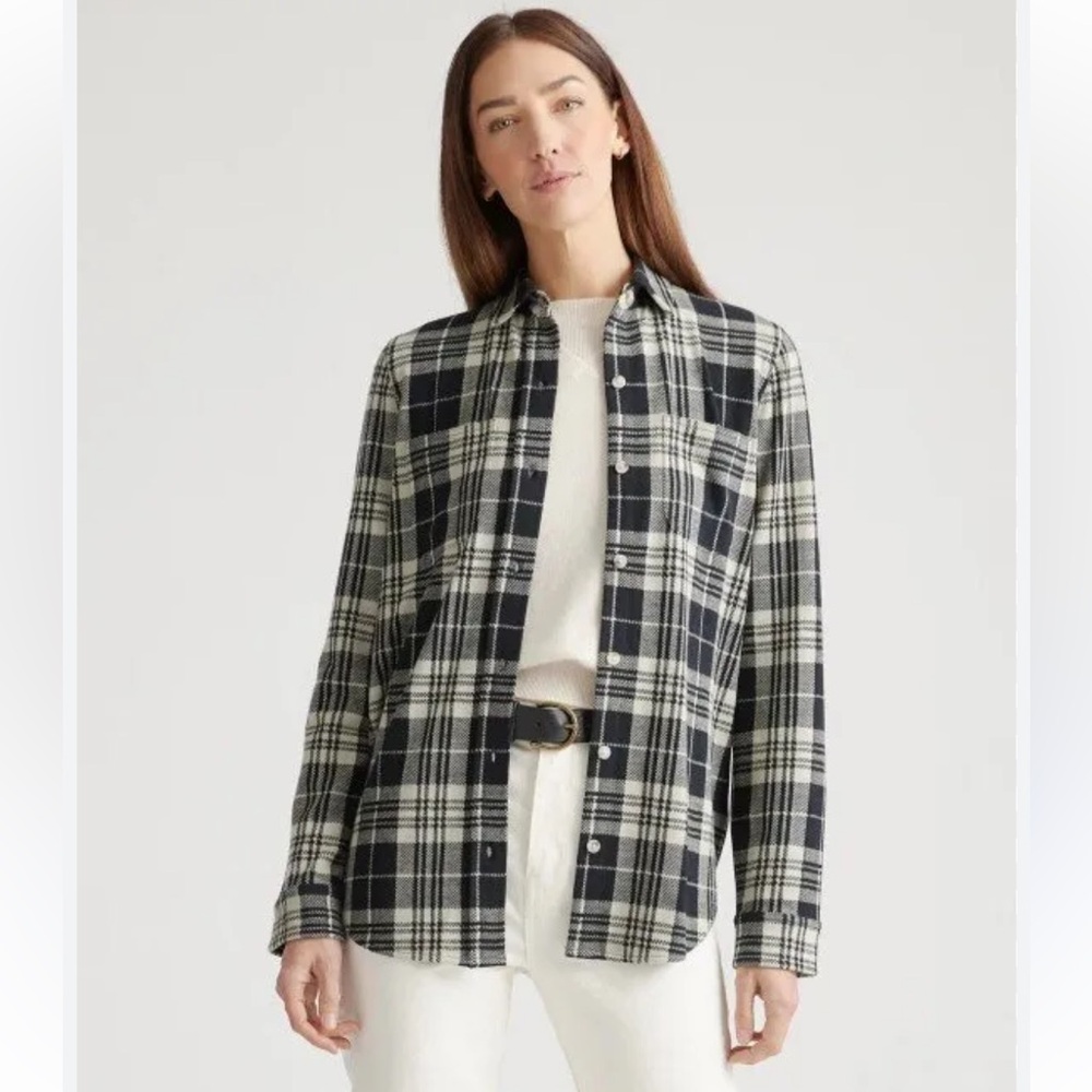 Quince Stretch Sweater Fleece Shirt, Black Cream Plaid, Size XS